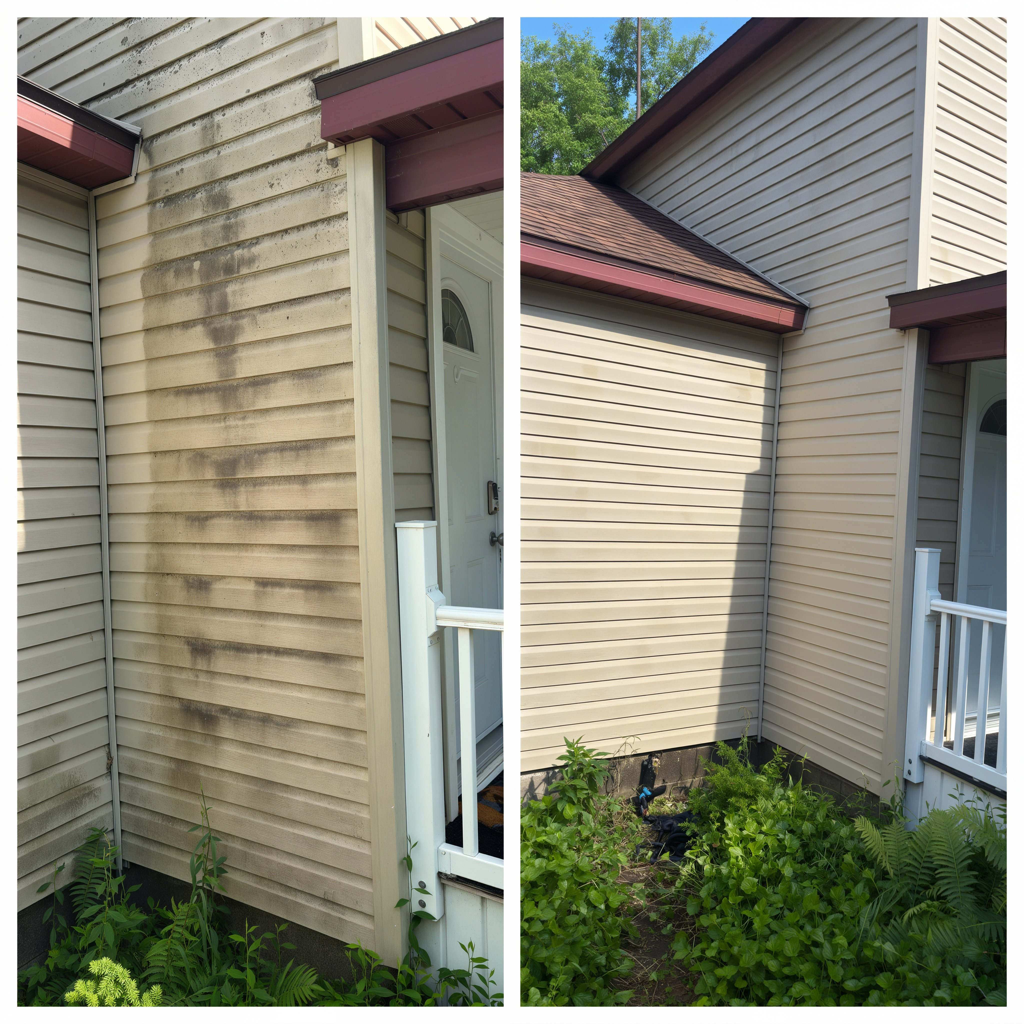 After: house siding cleaned of green algae